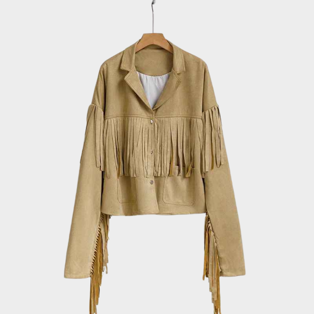 Women's Suede Jacket - Loose Fit Patchwork Coat - Flip Collar - Button Front - Tassel Detail - Khaki