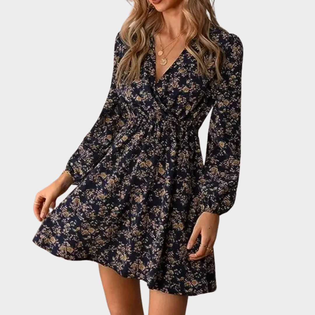 Women's V-Neck Mini Dress – Long Sleeve – Floral Print – Regular Waist – Lightweight Polyester – Multiple Colours