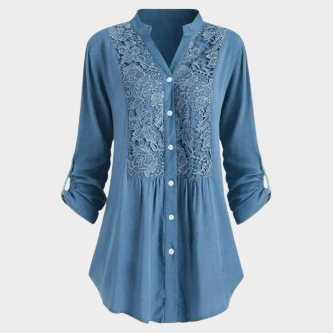 Women's Lace V-Neck Shirt – Loose Fit – Button Down – Long Sleeve Blouse – Elegant Casual Wear – Multiple Colours