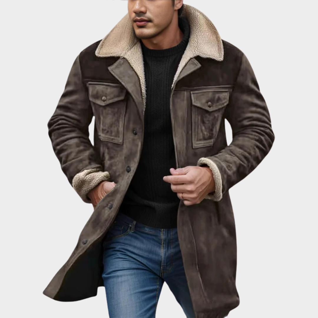 Men’s Vintage Suede Jacket – Mid-Length Motorcycle Coat with Plush Lapel Long Sleeves Zip Closure – Multiple Colours