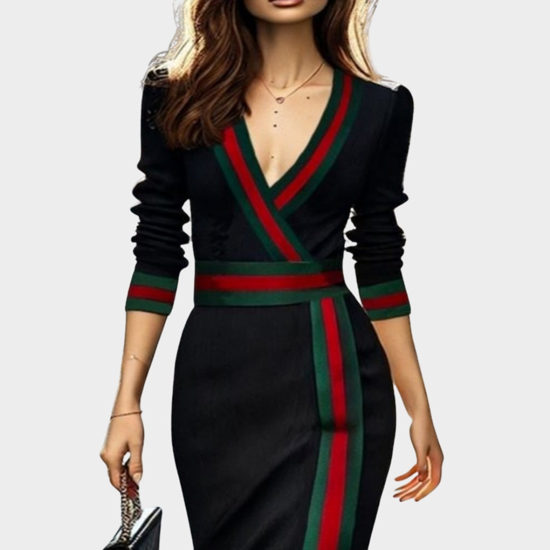 Women's Elegant Midi Dress - Deep V-Neck - Long Sleeve - Slim Fit & Striped Detail - Black