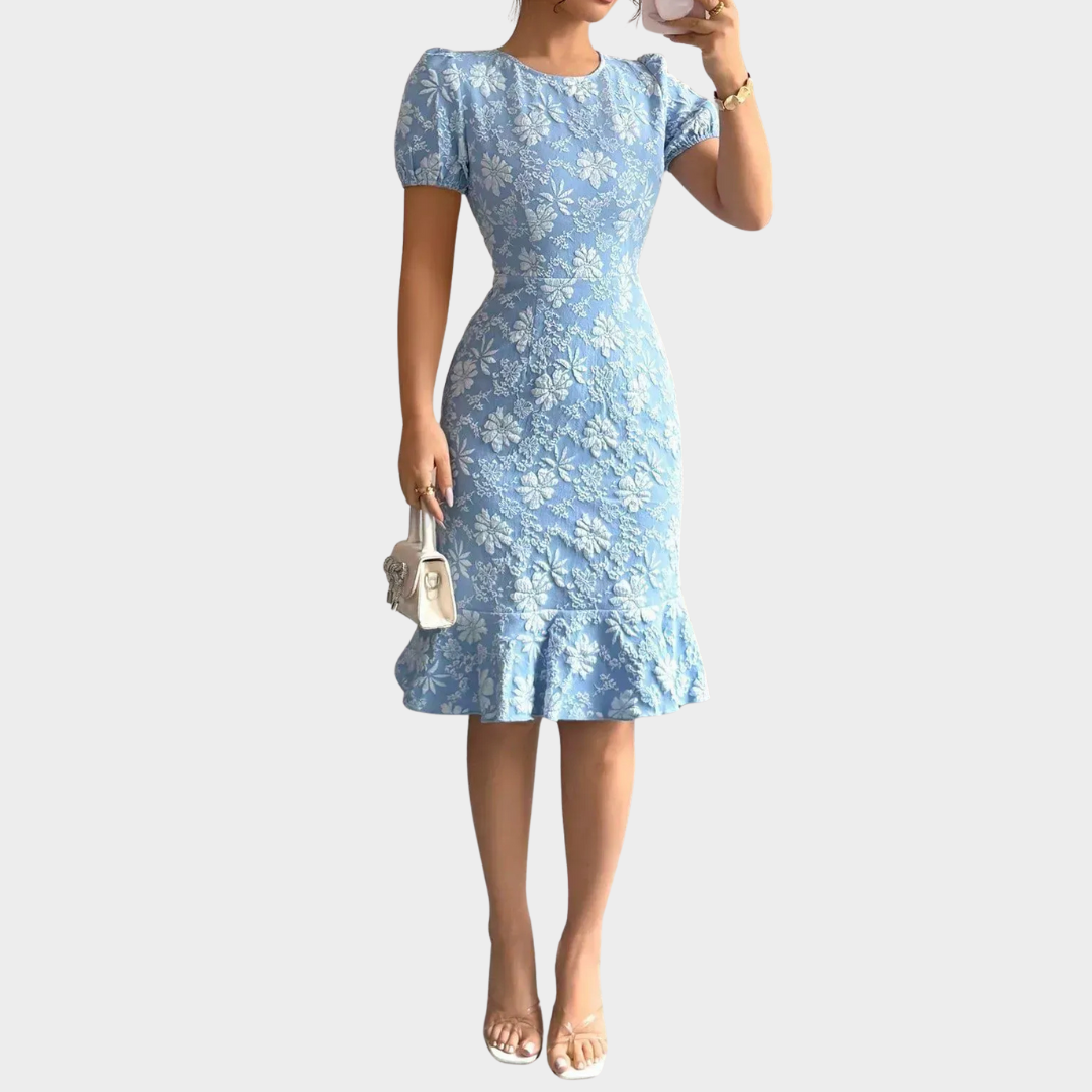 Women’s Dress – Elegant Slim Fit Short Sleeve O-Neck Knee Length Ruffled Hem Casual Solid Style – Multiple Colours