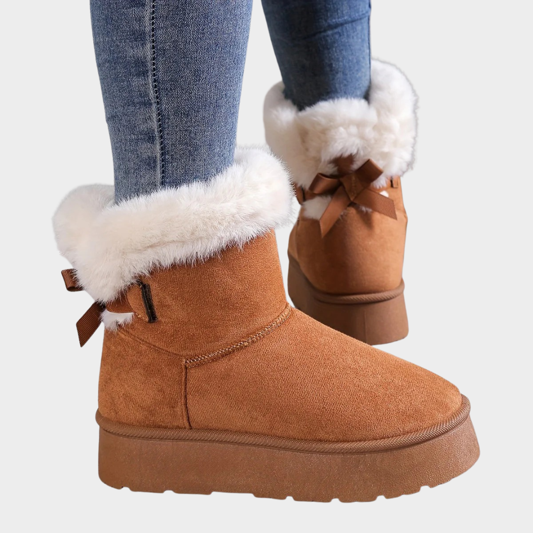 Women’s Faux Fur Lined Suede Ankle Boots – Platform Design with Bow Detail – Multiple Colours