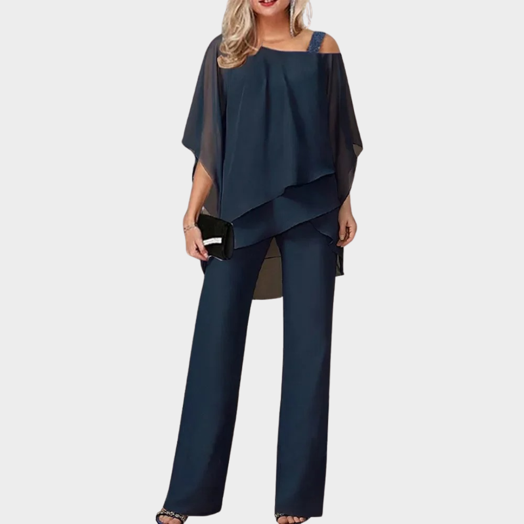 Women’s Off-Shoulder Two-Piece Set – Bat Sleeve Top & Wide-Leg Trousers – Relaxed Elegant Fit – Multiple Colours