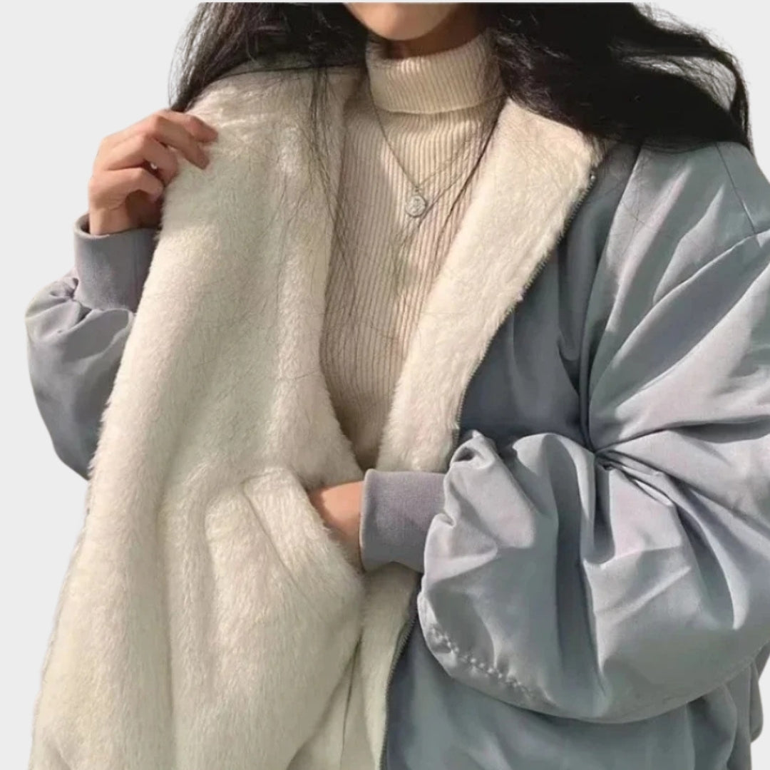 Women’s Oversized Hooded Double-Sided Jacket - Winter Warm Thickened Cashmere Coat - Fluffy Outerwear - Blue, Beige, Black