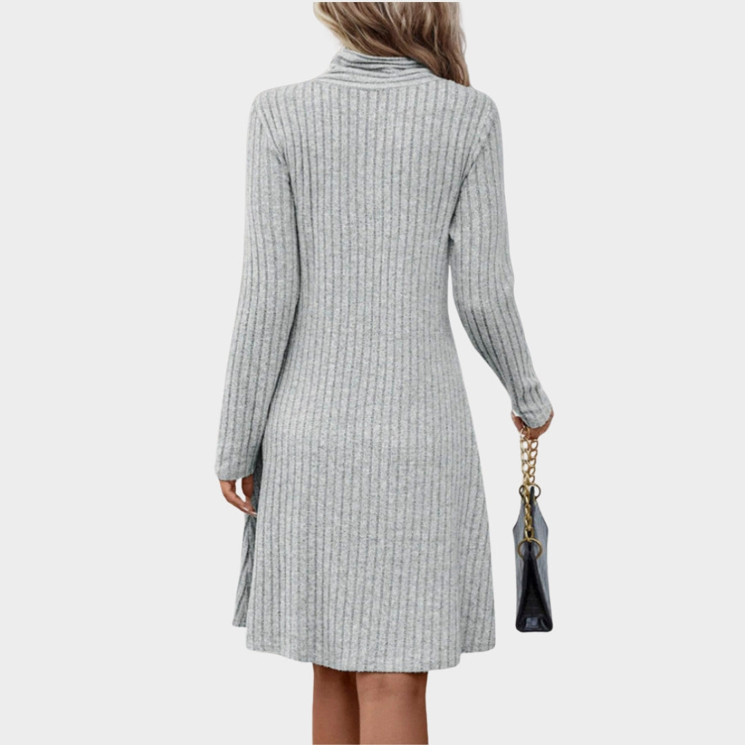 Women’s Grey Long Sleeve Knitted Dress – Close-Fitting Waist, Elegant, Feminine Autumn Winter Wear