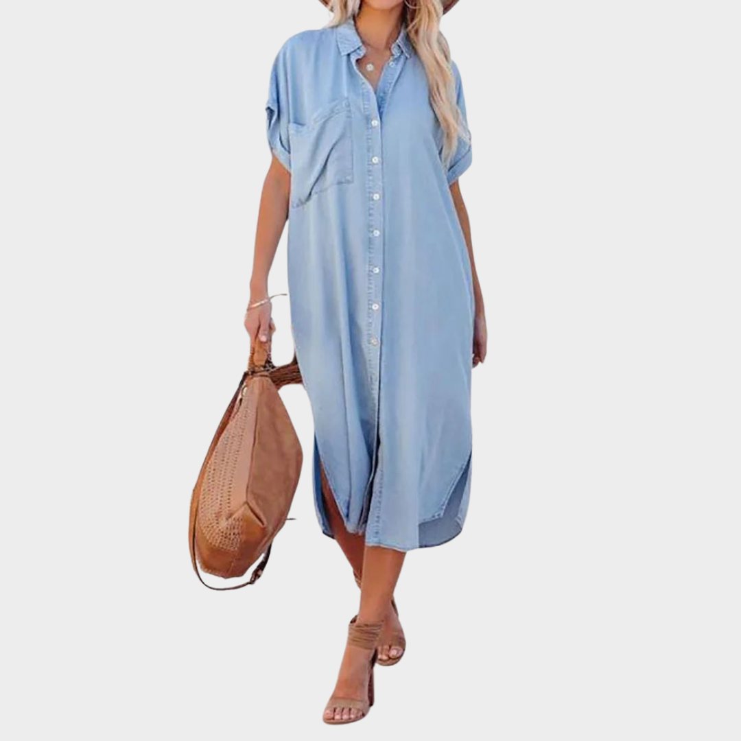 Women's Maxi Dress – Short Sleeve – Turn-Down Collar – Button Front – Elegant Party Style – Soft Fabric – Blue