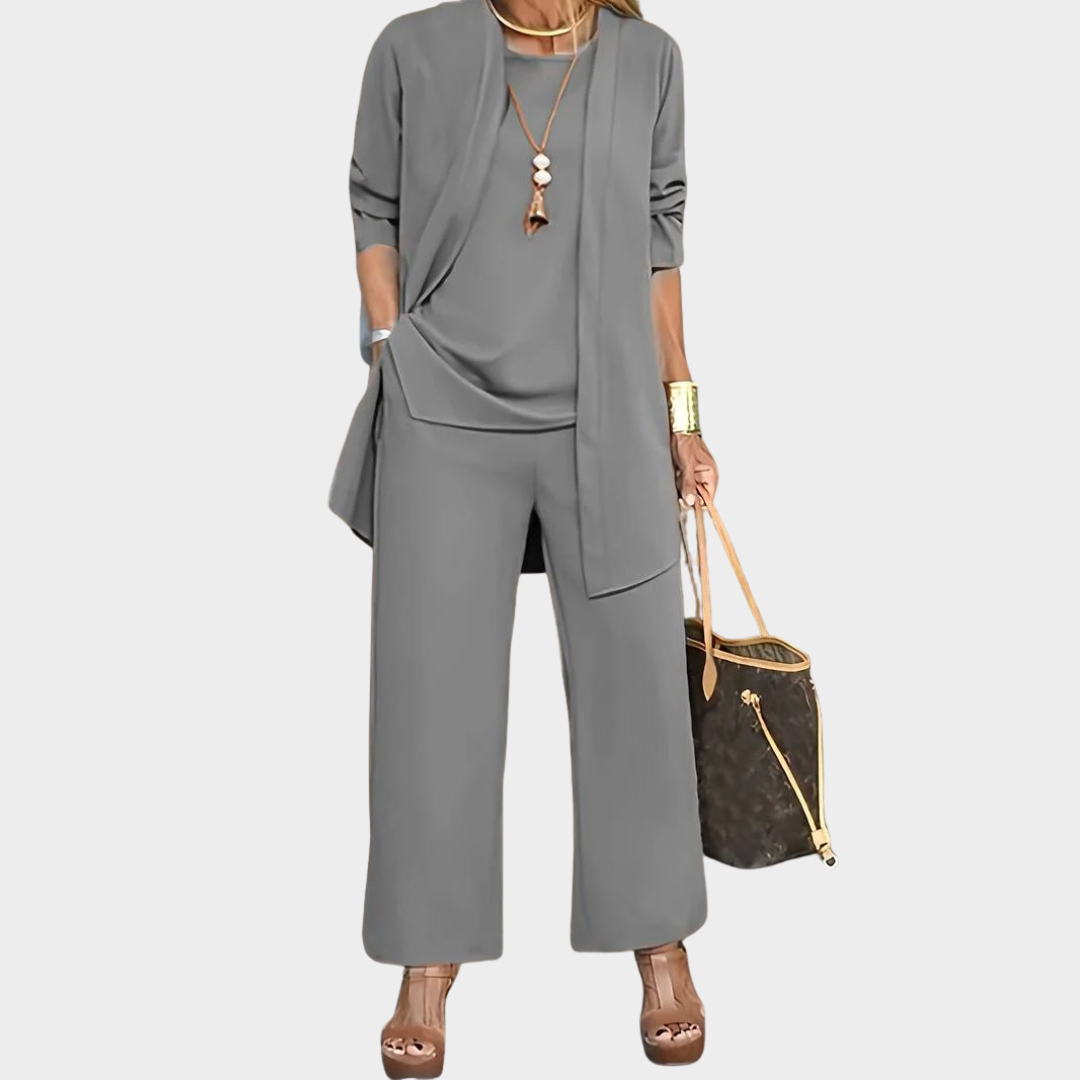 Women Relaxed Fit 3 Piece Pantsuit Set – Long Sleeve Cardigan O Neck Vest Wide Leg Trousers Comfortable Fabric – Multiple Colours