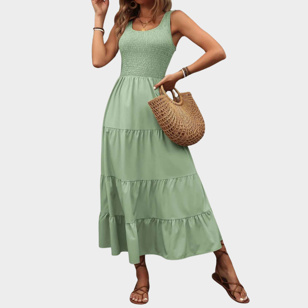 Women's Elegant Sleeveless Long Dress – Solid Colour Elastic Waist Design with Flowing Swing Skirt – Multiple Colours