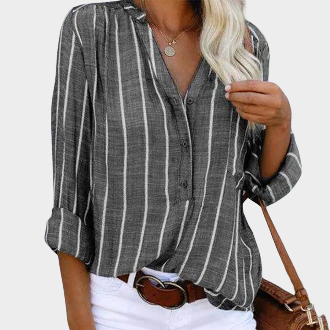 Women's Striped Shirt – Long Sleeve – Button-Up – Classic Collar – Chic & Elegant Cotton Blouse – Multiple Colours