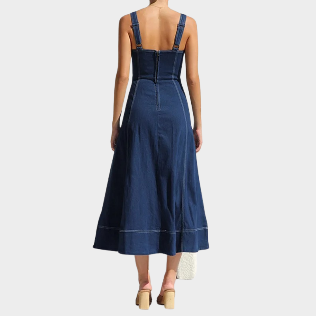 Women’s Sleeveless Button Denim Dress – Casual Distressed Suspender Dress – Adjustable Straps – Blue