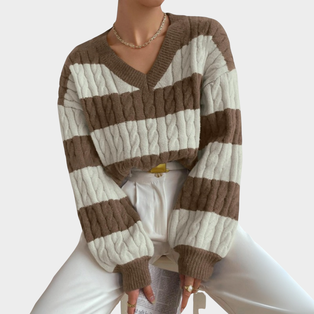 Women Striped Knitted Jumper – V Neck Long Sleeve Loose Fit Casual Pullover Sweater with Soft Stretch Fabric – Comfortable Everyday Style – Multiple Colours