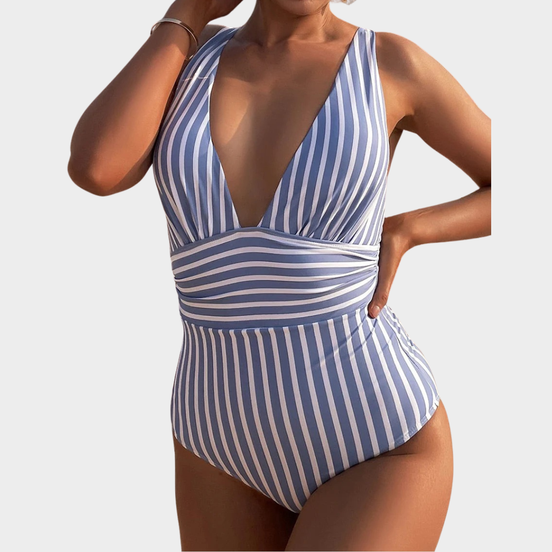 Women One Piece Swimsuit – V Neck Bodysuit Fit with Striped Print – Supportive Design – Soft Stretch Fabric – Multiple Colours