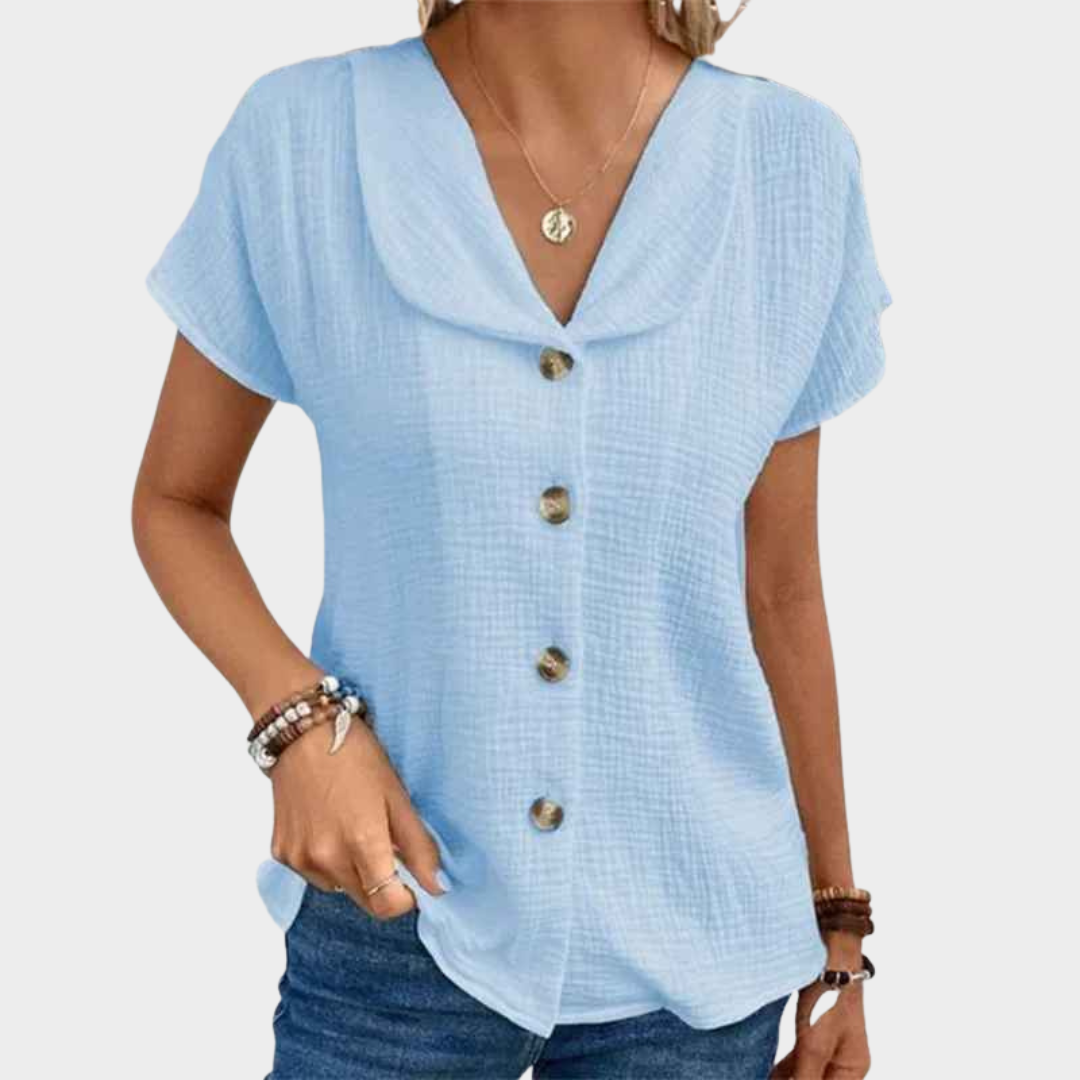 Women Short Sleeve Blouse – Baby Collar Casual Cardigan Shirt in Cotton Blend – Multiple Colours