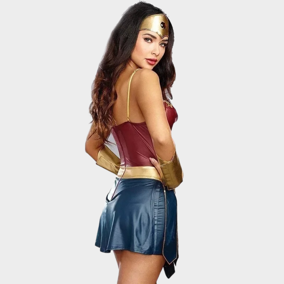 Women Superhero Halloween Costume – Wonder Cosplay Outfit for Stage Performance – Faux Leather Fancy Party Costume – Red and Blue