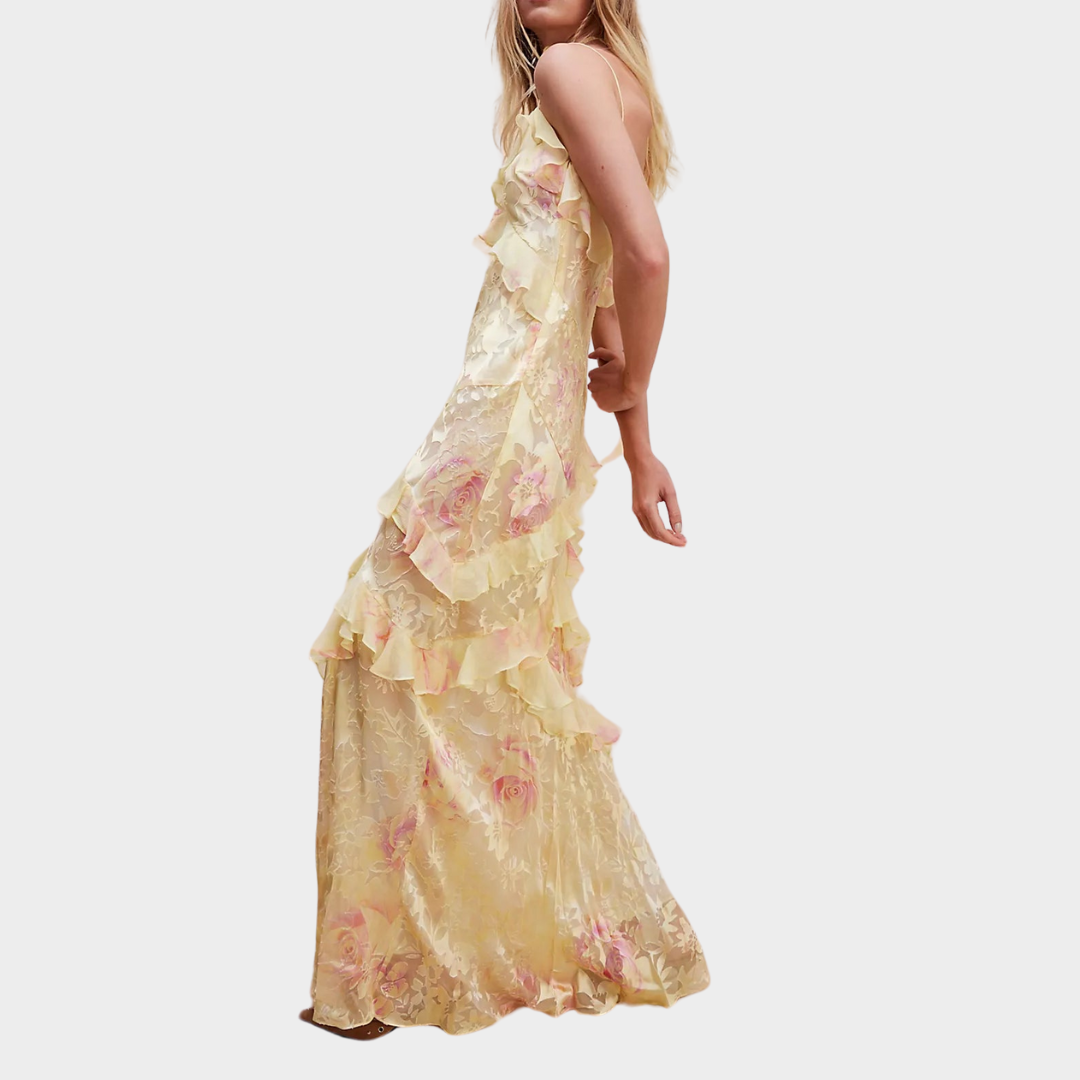 Women's V-Neck Ruffle Dress – Spaghetti Strap – Printed Patchwork – Multiple Colours