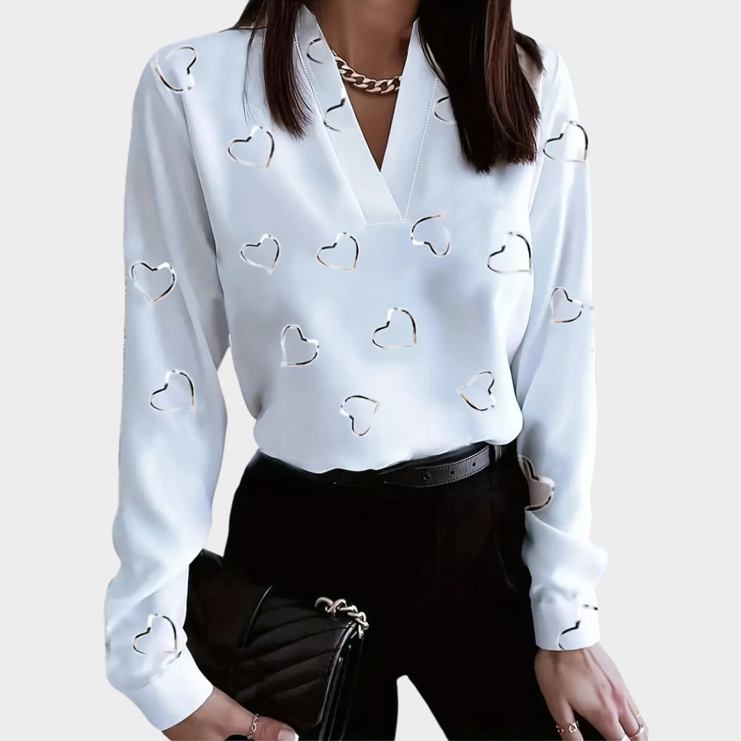 Women's V-Neck Long Sleeve Blouse – Elegant Heart Cutout Design – Soft Fabric – Multiple Colours