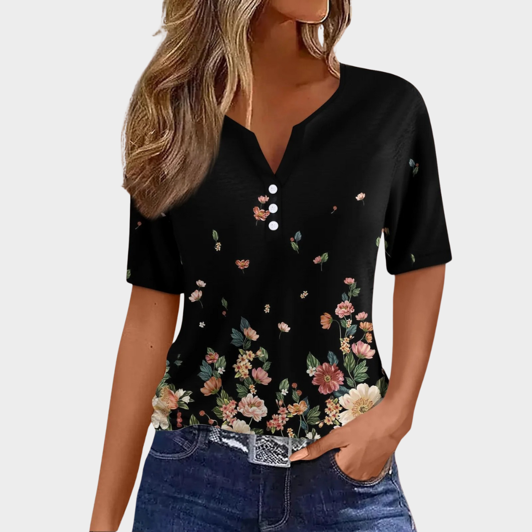 Women’s V-Neck Printed T-Shirt – Short Sleeve Harajuku Style – Button Detail – Soft Cotton Blend – Multiple Colours