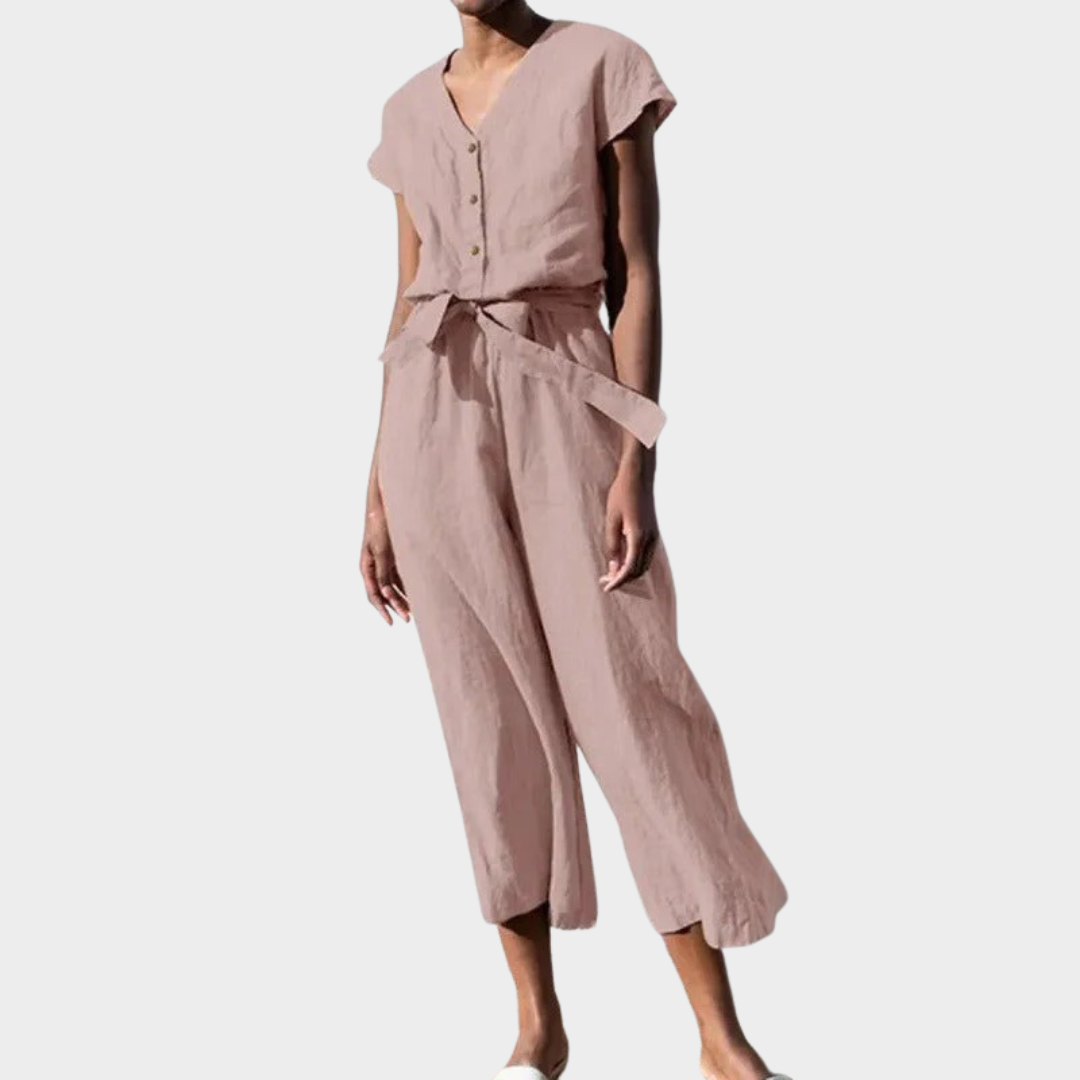 Women's Jumpsuit – Cotton Blend V-Neck Short Sleeve with Belted Waist and Cropped Leg – Relaxed Fit – Multiple Colours