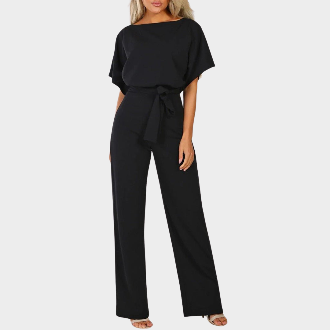 Women's Jumpsuit – Elegant Lace-Up High Waist – Short-Sleeved – Round Neck – Straight Leg – Multiple Colours