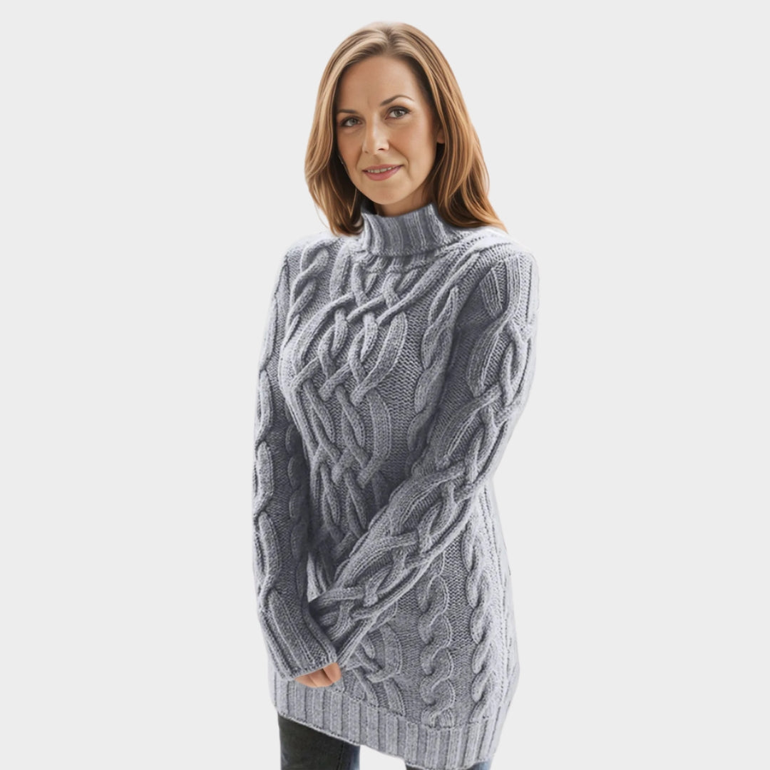 Long Women’s Turtleneck Sweater Dress – Snug Fit, Warm Knit Fabric, Grey, Purple, Beige, White