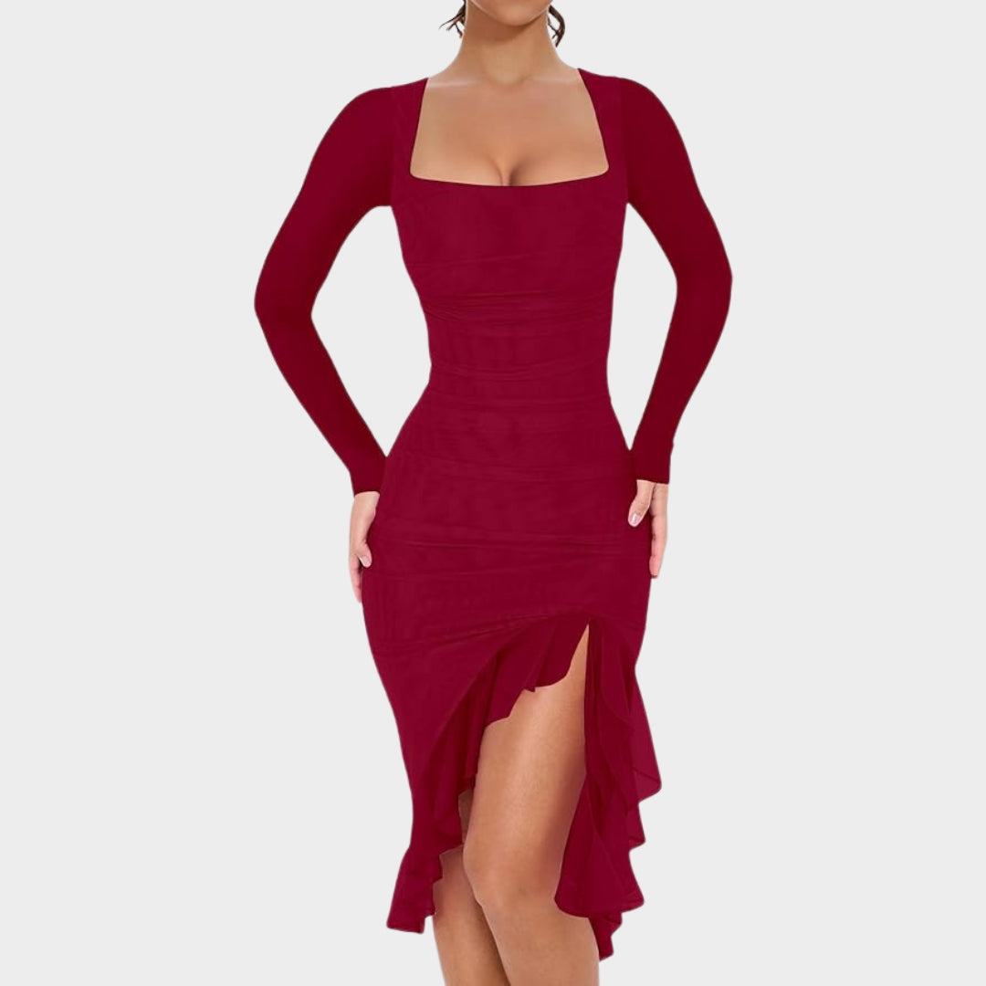 Women's Ruched Bodycon Dress - Long Sleeve - Square Neck - Ruffle Hem - Elegant Cocktail Party Dress - Multiple Colours
