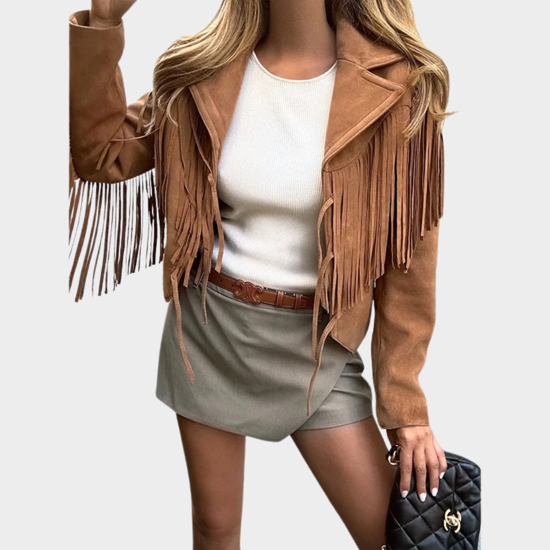 Women’s Slim Fit Leather Jacket – Genuine Sheepskin with Tassel & Lace-Up Detail – Kid Suede Finish – Short Moto Style – Brown