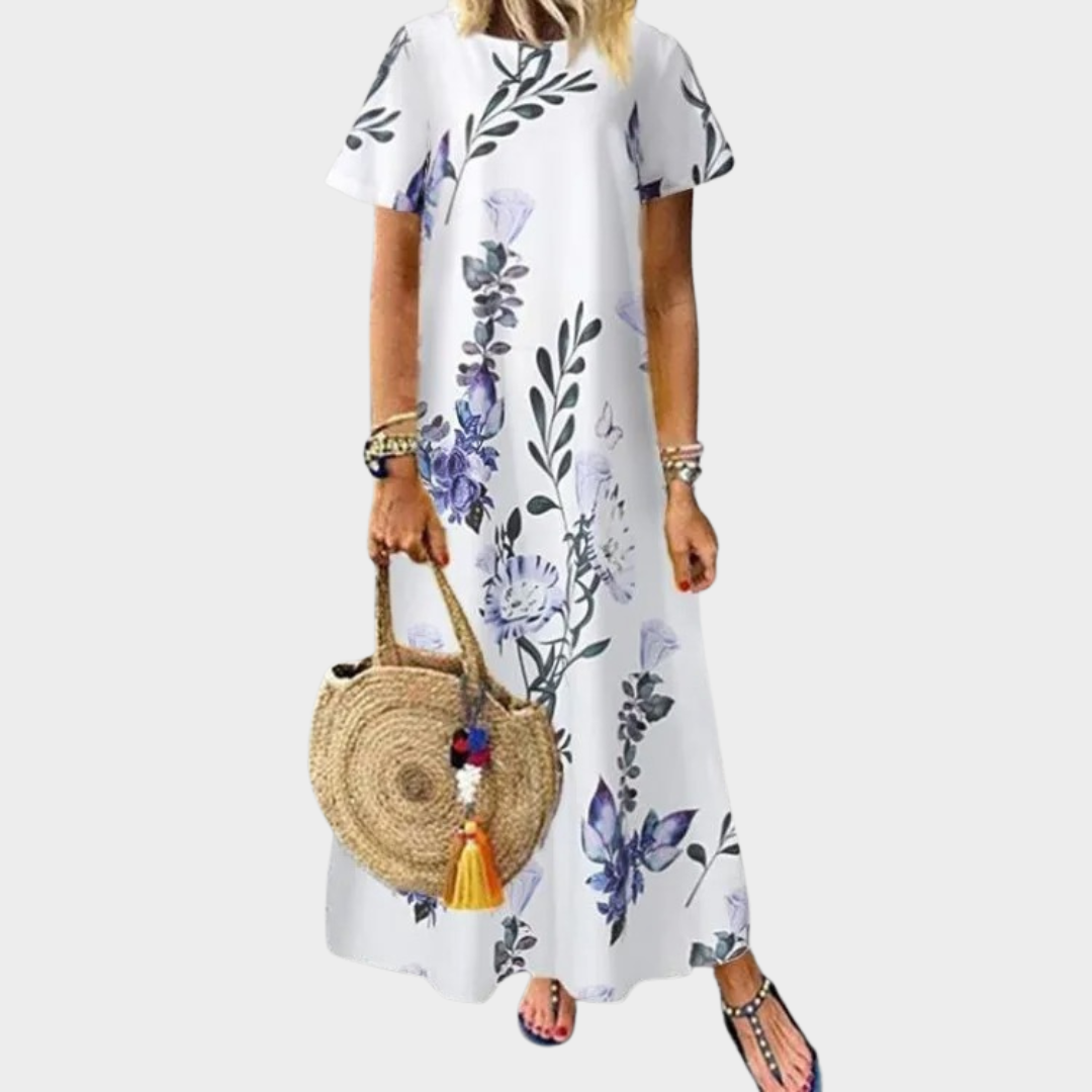 Women Bohemian Maxi Dress – O Neck Floral Print Short Sleeve Loose Fit Casual Design – Multiple Colours