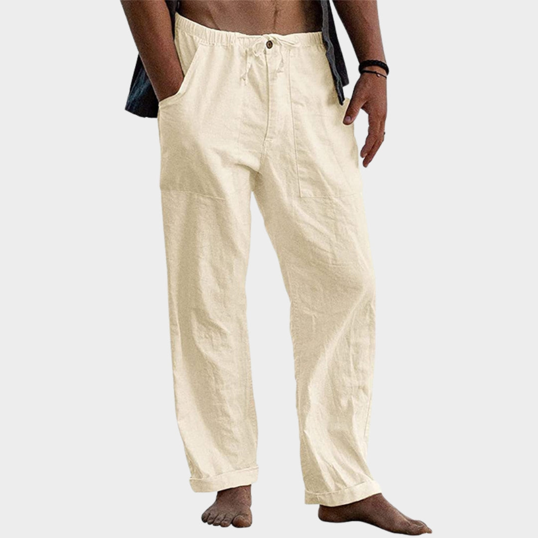 Men's Cotton Linen Trousers - Relaxed Fit - Elastic Waist with Drawstring - Breathable Beach & Lounge Pants
