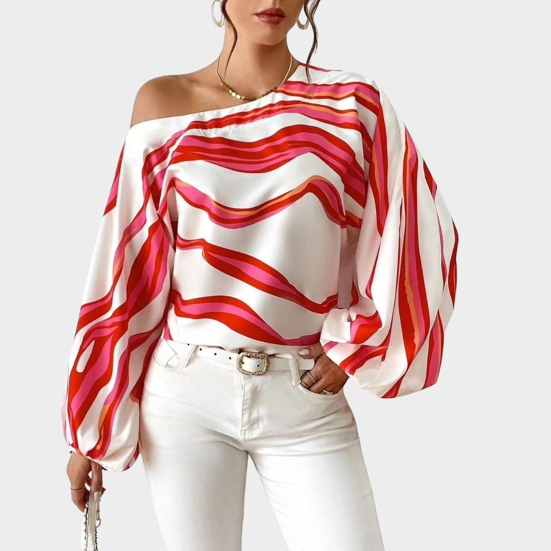 Women’s Off Shoulder Striped Blouse – Casual Loose Fit Lantern Sleeve Shirt – Lightweight Printed Top – Multiple Colours