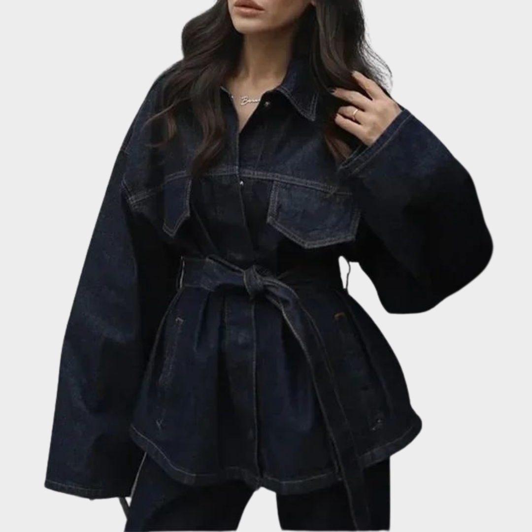 Women’s Denim Jacket & Trousers Set – Vintage Style – Belted Waist – Loose Fit – Blue