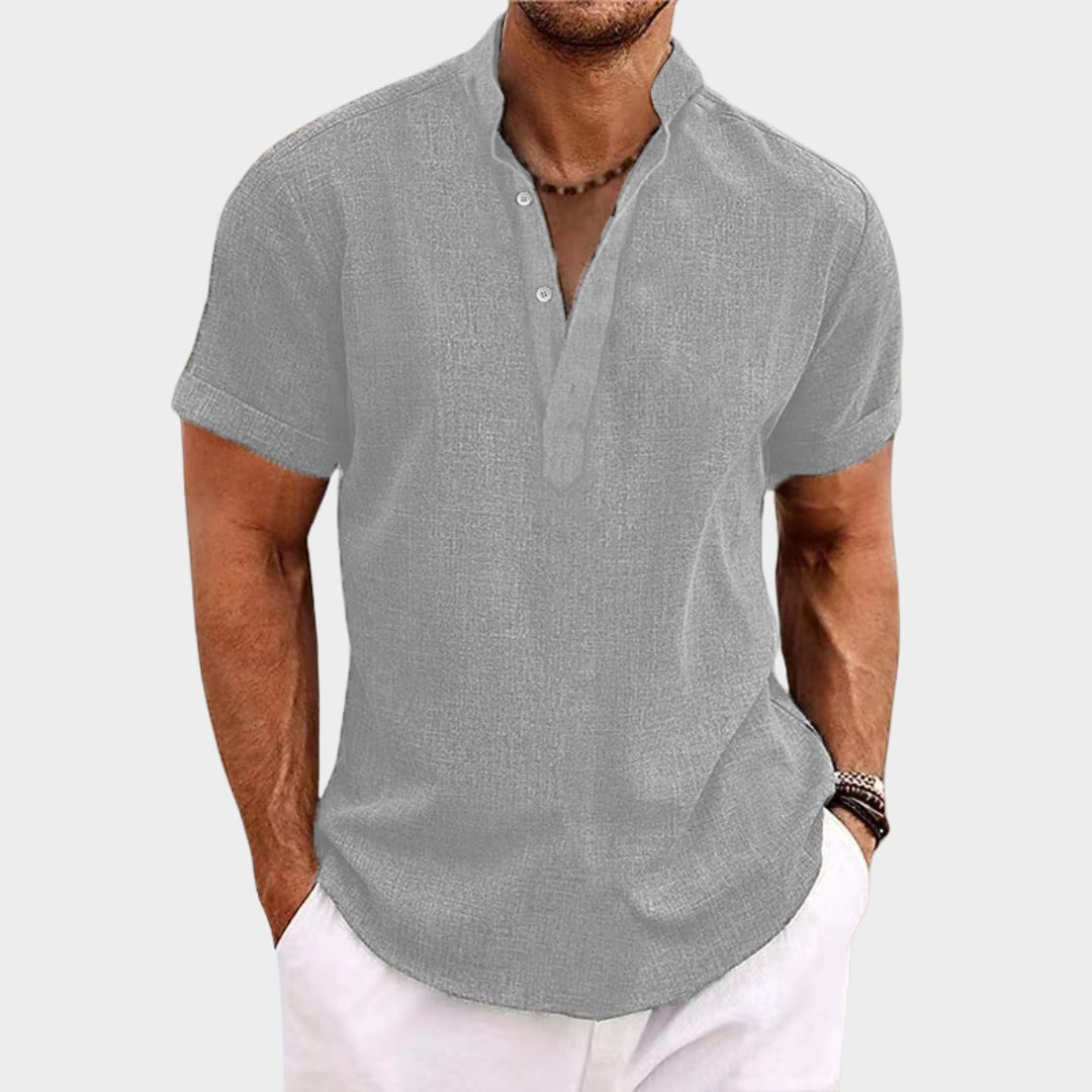 Men's Cotton Linen Short-Sleeve Shirt - Henley Collar - Lightweight & Breathable - Multiple Colours