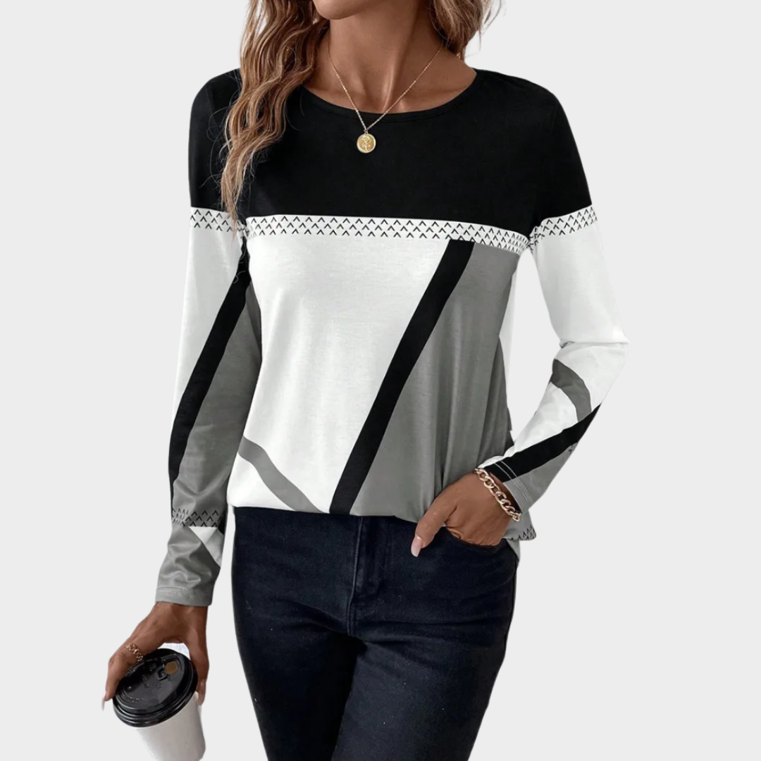 Women's Long Sleeve T-Shirt – Round Neck – Geometric Print – Contrasting Colors – Soft & Comfortable – Multiple Colours