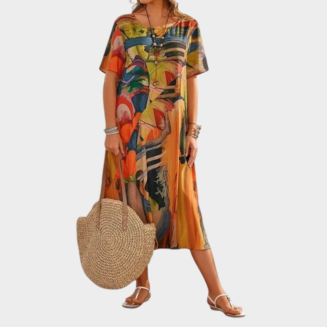 Women Art Print Loose Dress – Round Neck Short Sleeve Pullover Fit Casual Vintage Rope Style – Multiple Colours