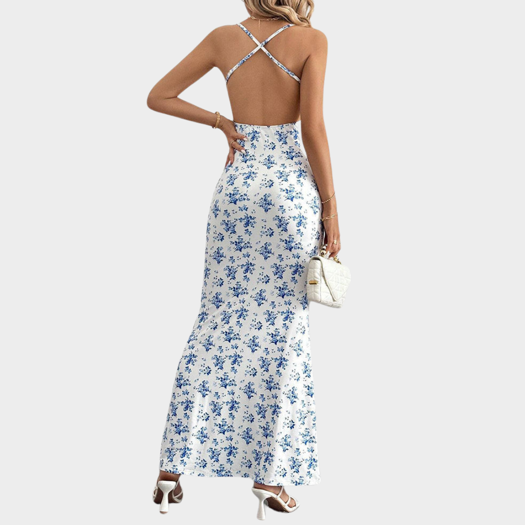 Women's A-Line Dress – Spaghetti Straps – Backless High Waist – Floral Print – Blue