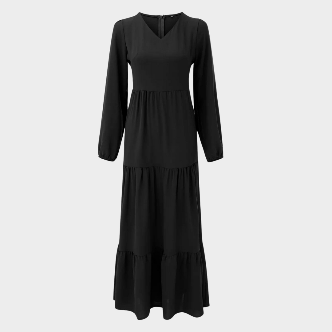 Women’s V-Neck A-Line Dress – Long Fit – Solid Colour – Casual Holiday Style – Lightweight Fabric – Multiple Colours