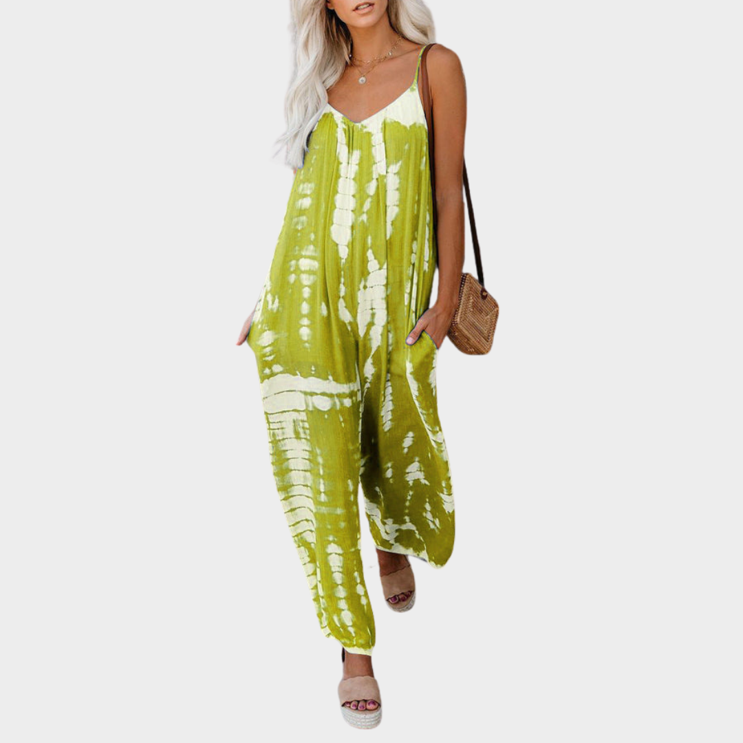 Women's Tie Dye Jumpsuit – Wide Leg V-Neck Backless Sling Romper – Loose Fit – Multiple Colours