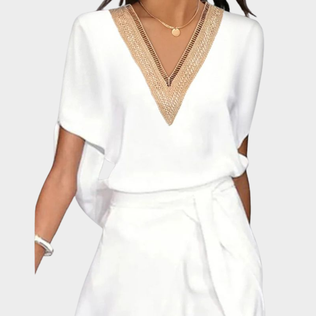 Women's Midi Dress – V-Neck – Short Sleeve – Lace-Up Waist – Loose Fit – Elegant & Casual – White