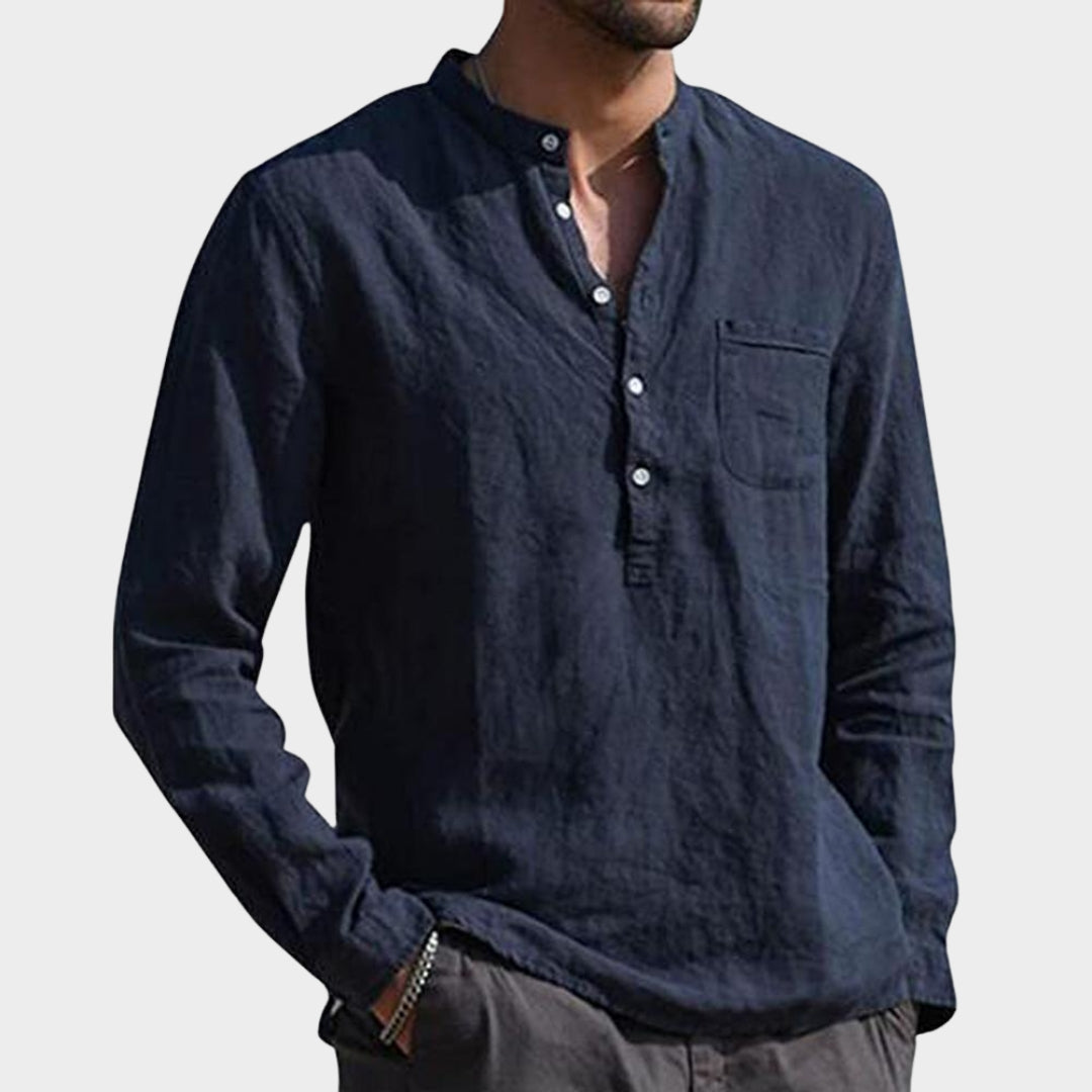 Men's Long-Sleeve Shirt - V-Neck - Button Pocket Design - Cotton - Casual Fit - Multiple Colours