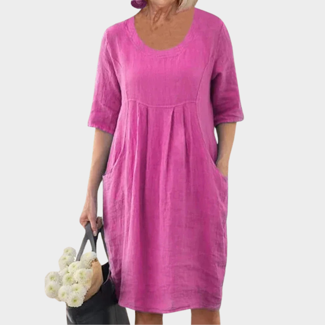 Women Oversized Pocket Dress – Loose Fit Cotton Linen Short Sleeve O-Neck Design – Multiple Colours