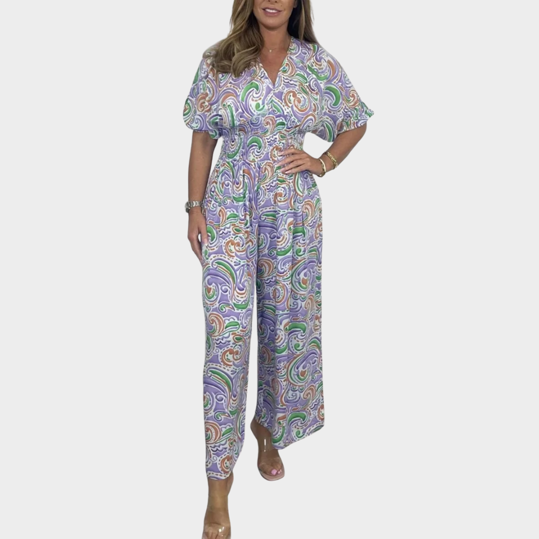 Fashion Print Women Jumpsuit – Short Sleeve – V Neck – Wide-Leg Fit – Lightweight Fabric – Multiple Colours