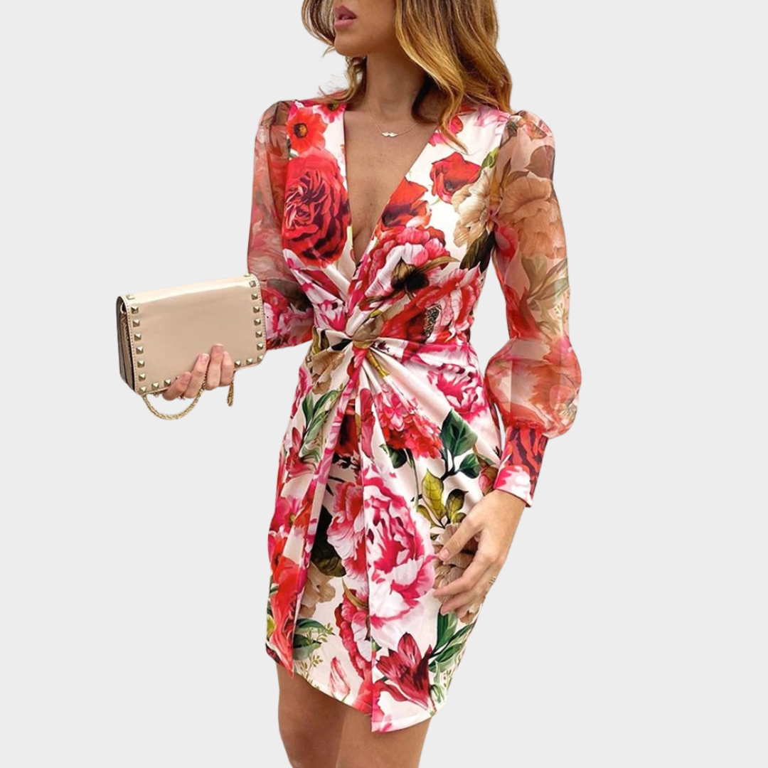 Women's Elegant Party Dress – Deep V-Neck Bodycon Dress – Long Lantern Sleeves – Slit Evening Dress – Red
