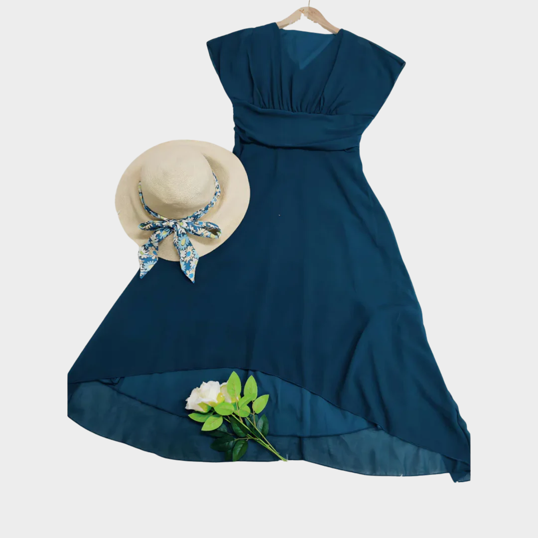 Women A-Line Chiffon Dress – V-Neck Batwing Sleeve Irregular Hem Lightweight Fit – Navy Blue