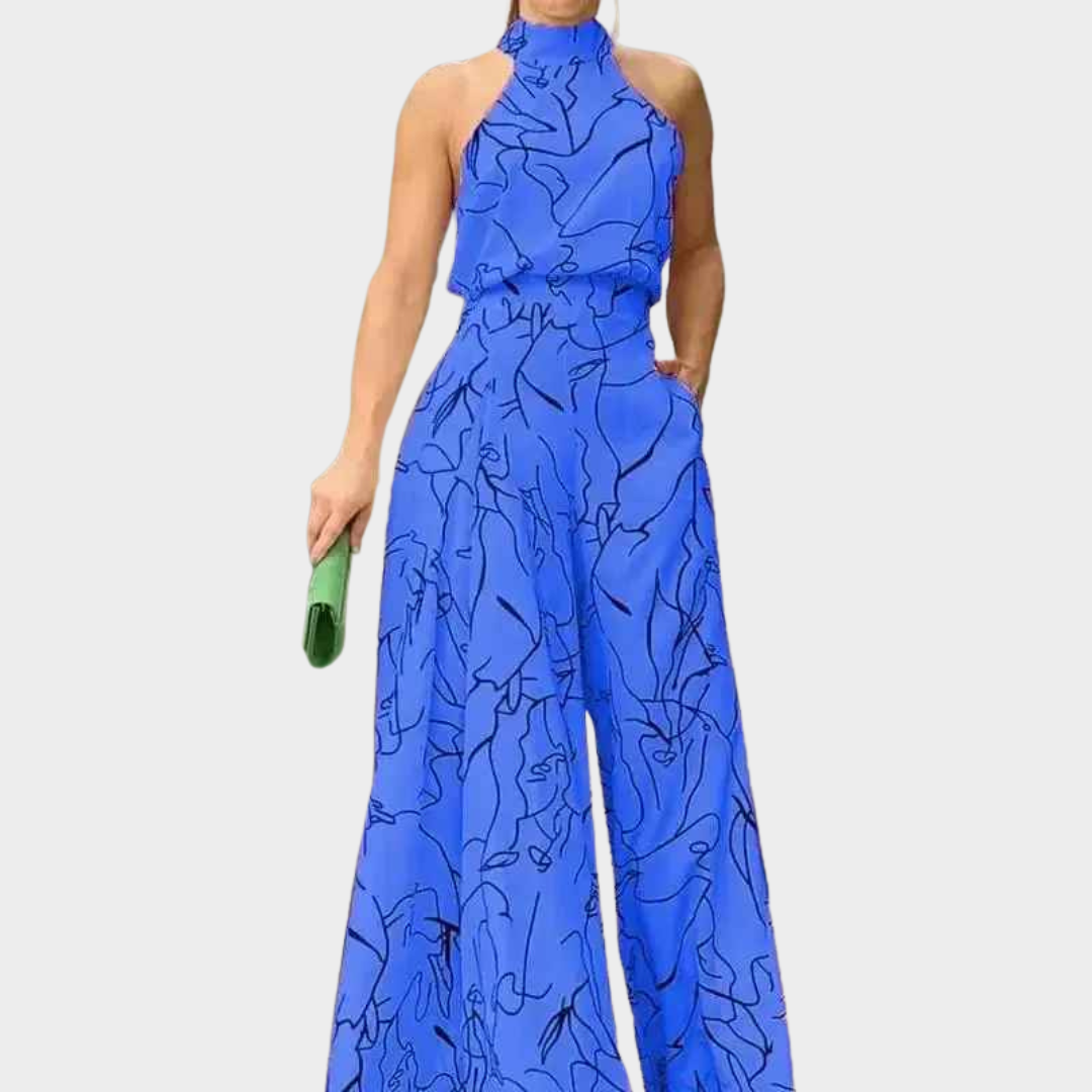 Women Sleeveless Wide Leg Jumpsuit – Elegant Printed Design with Belted Waist Cotton Blend – Multiple Colours