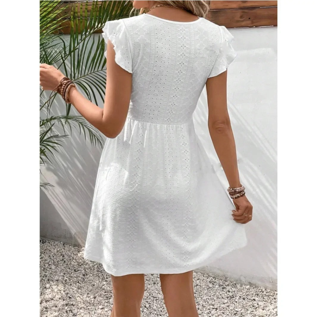 Women’s Mini Lace Dress – Knitted Jacquard V-Neck Short Sleeve Fit – Stretch See-Through Hollow Style – White