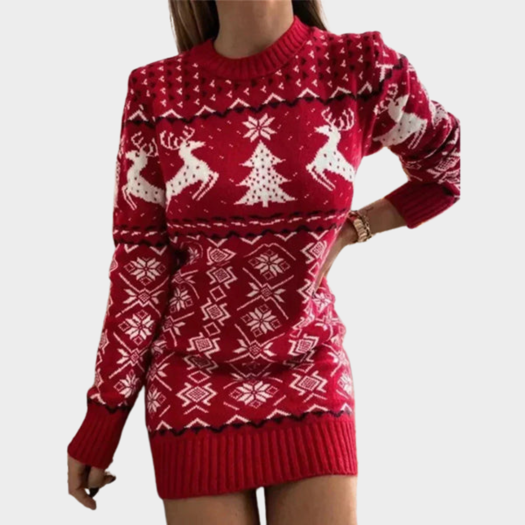 Women's Knitted Sweater Dress – Long Sleeve – Festive Elk Print – Soft Knit – Multiple Colours