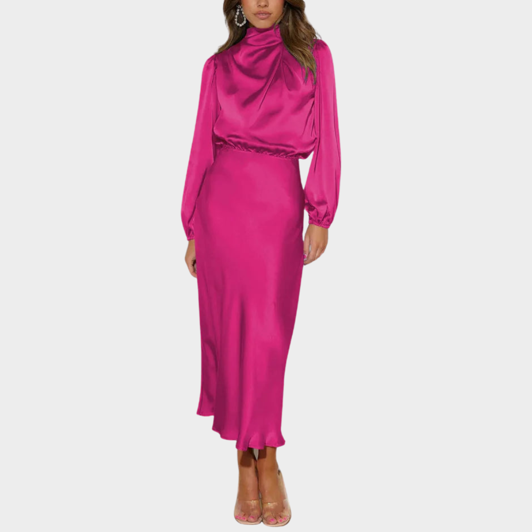 Women's Satin Long Sleeve Dress – Elegant Evening Wear – Lantern Sleeves – Bodycon Fit – Multiple Colours
