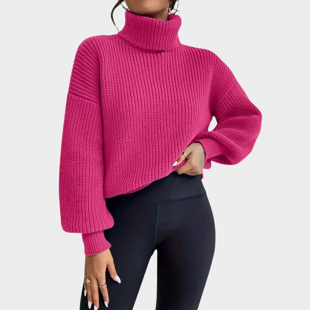 Women's Roll Neck Jumper – Lantern Sleeves – Drop Shoulder – Soft & Cosy – Elegant & Stylish – Pink