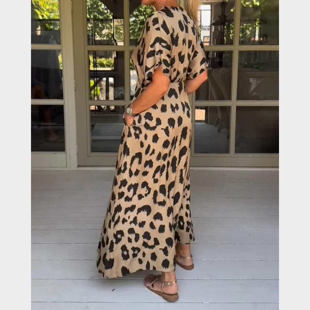 Women’s Maxi Dress – Loose Boho Vintage Style with Ruffles and Button Design – Leopard