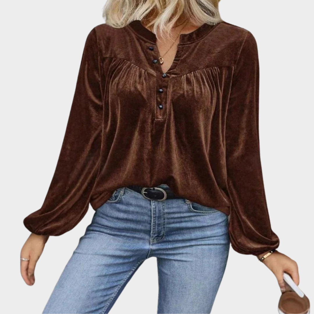 Women’s Long Sleeve Blouse – Elegant V-Neck Pullover with Button Detail – Solid Colour – Multiple Colours